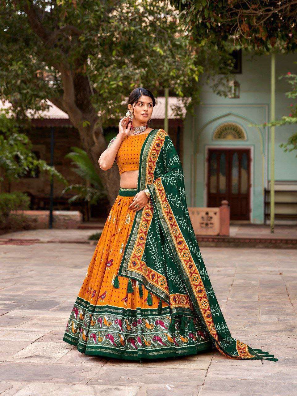 Green Tussar Silk Lehenga Choli with Yellow Blouse | Patola Print & Foil Work | Wedding & Festive Wear