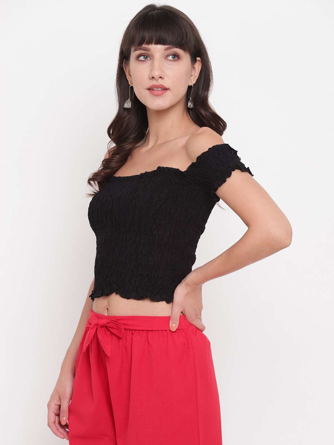 Women's Rayon Solid Off-Shoulder Smocked Crop Top Short Sleeve Casual Styles Tank Top (FREE SIZE) Multi18